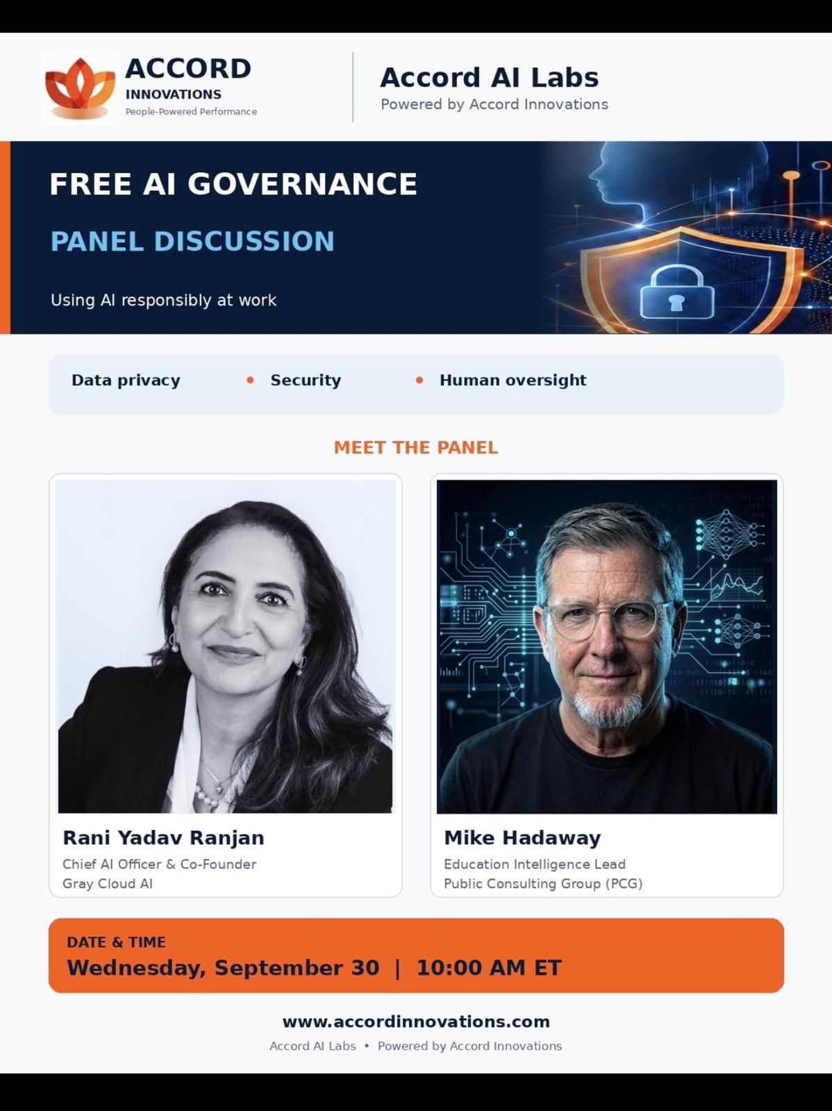 Accord AI Labs AI governance panel featuring Rani Yadav-Ranjan and Mike Hadaway, September 30, 2026